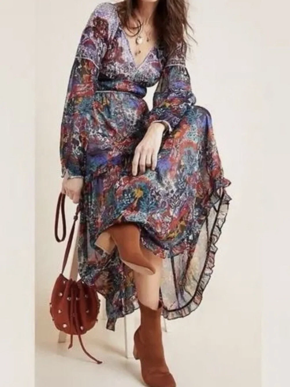 Maeve Anthropologie Annabella Maxi Dress 4 Boho Floral Long Sleeve Viscose Flowy - Picture 7 of 9